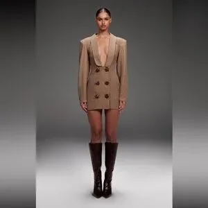 Fall 🍂 PLT Brown Textured Button Plunge Blazer Dress